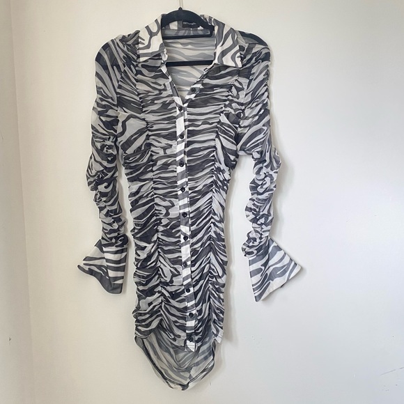 PLT zebra print ruched mesh button up dress - Picture 3 of 9